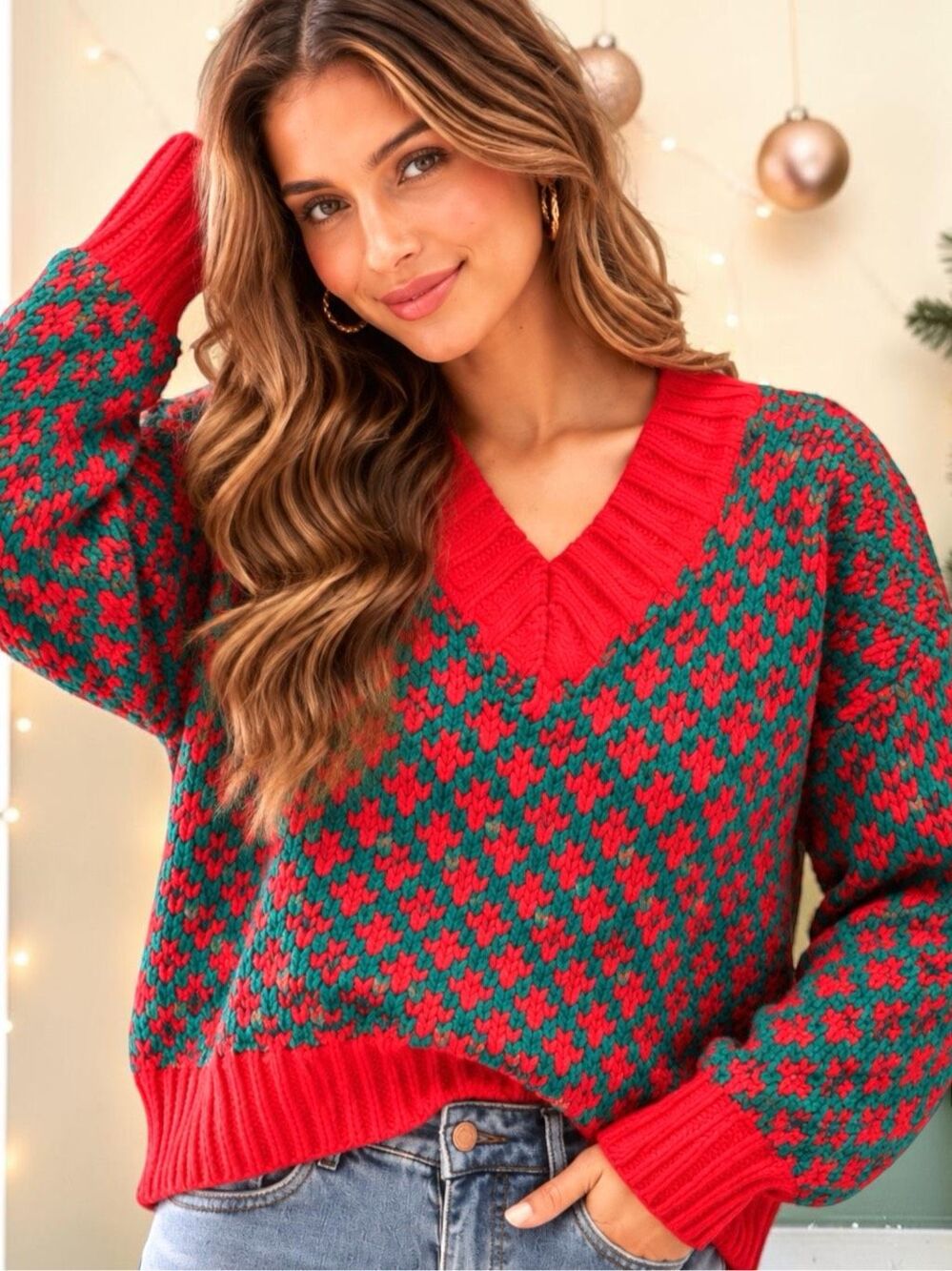 SO ME Christmas Sweater Large Red Green Oversized V Neck Chunky Knit Holiday NEW